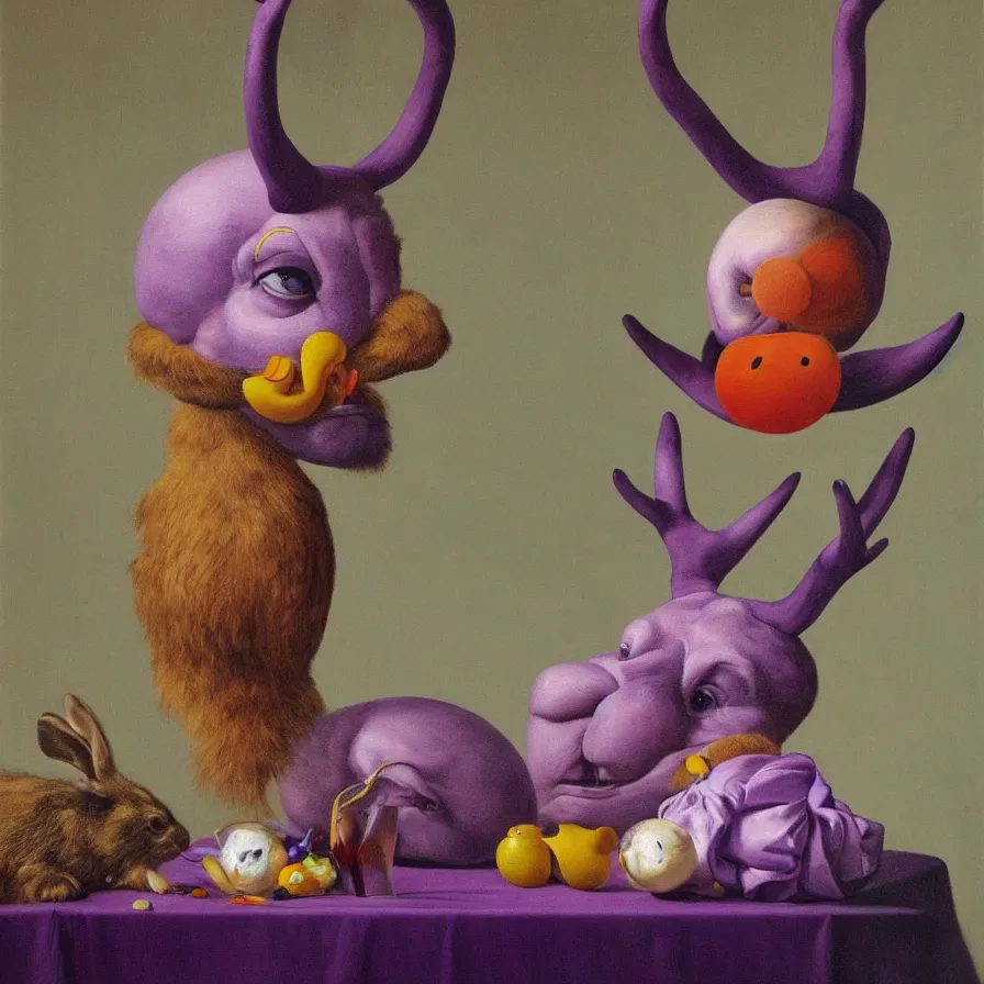 Prompt: rare hyper realistic portrait painting by dutch masters, studio lighting, brightly lit purple room, a blue rubber ducky with antlers laughing at a giant crying rabbit with a clown mask