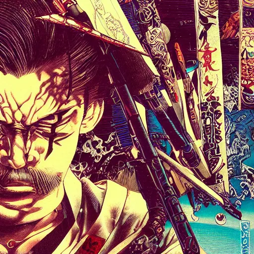 Prompt: portrait closeup of crazy yakuza man, katanas around, symmetrical, cinematic colors, by yoichi hatakenaka, masamune shirow, josan gonzales and dan mumford, ayami kojima, takato yamamoto, barclay shaw, karol bak, yukito kishiro