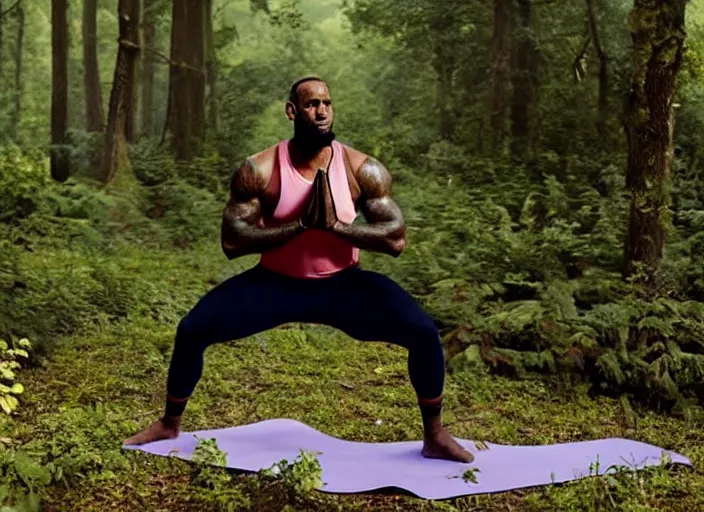 Prompt: lebron james doing yoga in the forest, film still in the new batman movie, 4 k