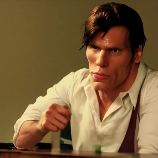 Image similar to Live Action Still of Jerma in Pulp Fiction, real life, hyperrealistic, ultra realistic, realistic, highly detailed, epic, HD quality, 8k resolution, body and headshot, film still