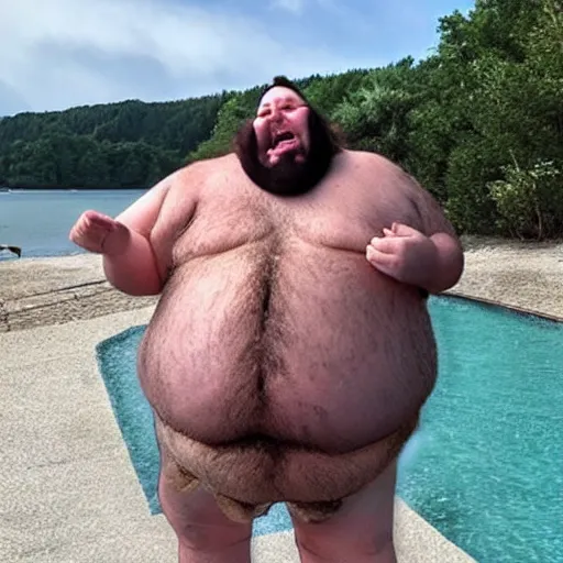 Image similar to a leaked photo of a screaming, hairy, fat man wearing a swimsuit holding the worlds largest toad