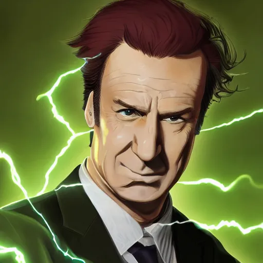 Image similar to portrait of saul goodman as the master of the green lightning, anime fantasy illustration by tomoyuki yamasaki, kyoto studio, madhouse, ufotable, trending on artstation