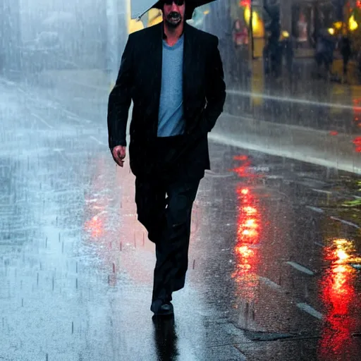 Prompt: keanu reeves walking in the rain on a reflective city street near a red flashing street light, highly detailed face and reflections misty dark close up photograph