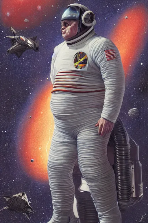 Image similar to portrait of willem defoe as a fat man wearing leather spacesuit, nebula space background and spaceship, illustration by normal rockwell, jacob collins, artstation character art, john berkey, greg rutkowski