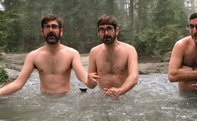 Prompt: Adam buxton and louis theroux have an ice bath, outside, cold, odd, depth of field, photorealistic