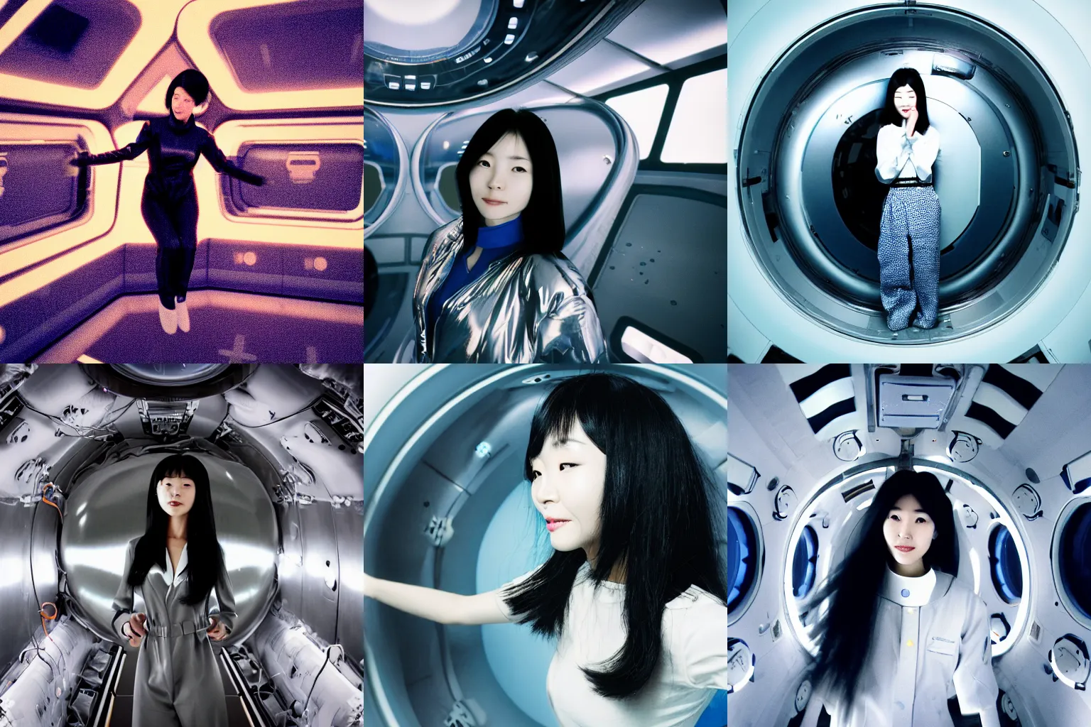 Image similar to a korean woman with long black hair and grey / black futuristic metallic clothing floating in zero - gravity in a spaceship with a white and blue futuristic interior. orange lighting, kodak film grain, expired film