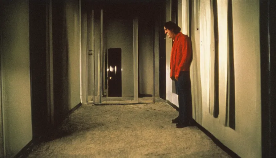 Image similar to 7 0 s film still from a horror movie featuring a person suffering from treacher collins syndrome standing alone in a liminal space, kodachrome, cinecolor, cinestill, photorealism, cinematic, film grain, film texture, vhs recording