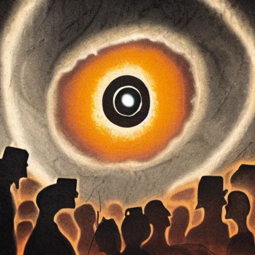 Prompt: a cave painting of a giant eye floating above a crowd of people