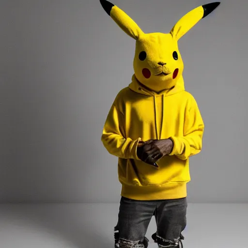 Image similar to Kanye West in a yellow pikachu! hoody, Studio Photograph, portrait C 12.0