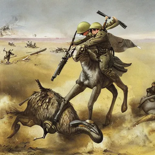 Prompt: battle photo, world war, ostrich wearing an helmet and armed with rifles, realistic, dust and scratches