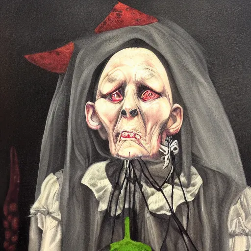 Image similar to creepy old cursed witch watching you sleep, eerie, haunted, oil painting