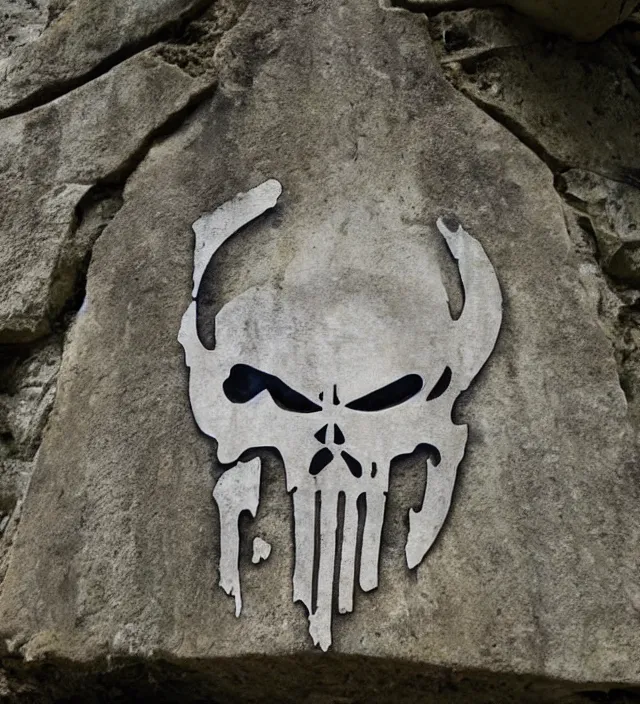 Image similar to punisher symbol carved deeply into stone edifice in the jungle with luminous smoke and light rays.