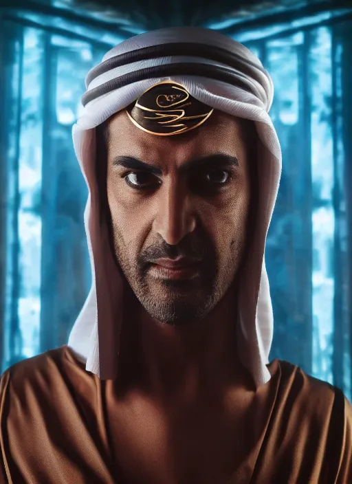 Image similar to portrait of sheikh ruler of dubai, djinn, head and torso only, cinematic lighting, studio quality, godly, cell shaded, 4 k, active, scenic, anger and fury