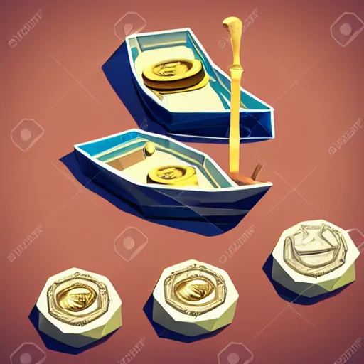 Image similar to boat in the dessert filled with coin and jewl collectables, game concept, low poly, horizontal view