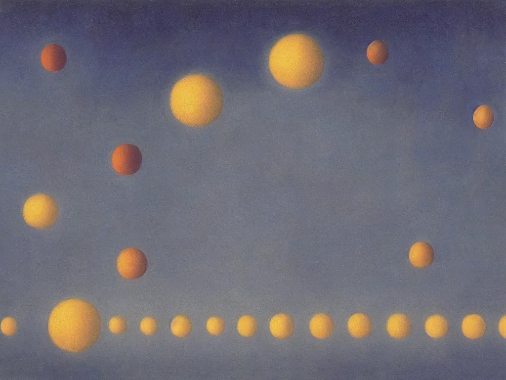 Image similar to bioluminescent spheres floating in row to infinity above the dark waters. painting by agnes pelton, max ernst, rene magritte, bosch.