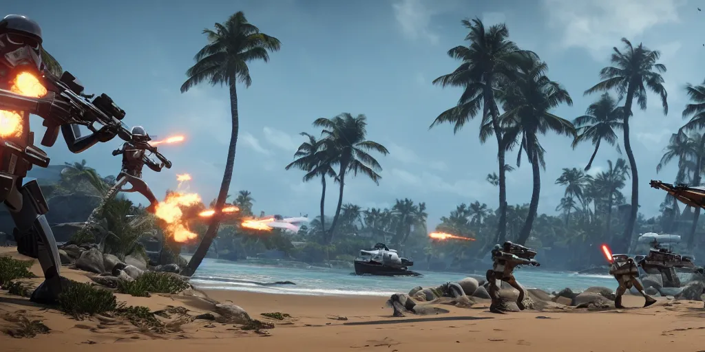 Prompt: screenshot of shore troopers, on scarif, ea star wars battlefront 2015