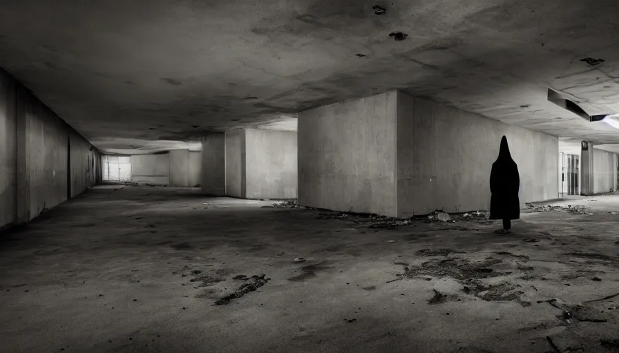 Prompt: a hooded figure standing in an abandoned mall, dark photography