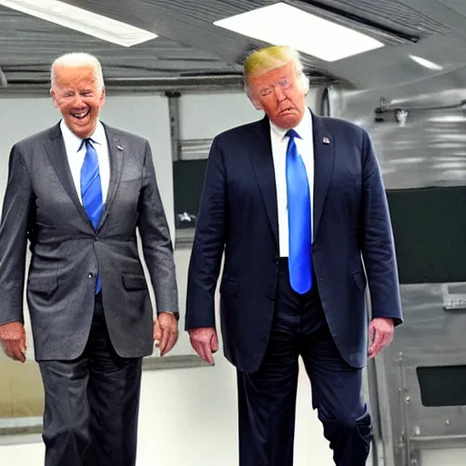 Prompt: candid photo of Donald Trump and Joe Biden secretly holding hands perfect faces