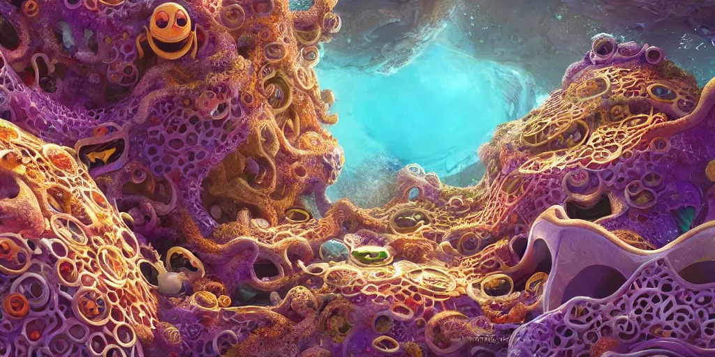 Image similar to of an intricate sea reef with strange cute friendly happy creatures with huge eyes, mouth, long tongue, round teeth and goofy face, appearing from the background, in the style of gehry and gaudi, macro lens, shallow depth of field, ultra detailed, digital painting, trending artstation, concept art, illustration, cinematic lighting, photorealism, epic, octane render