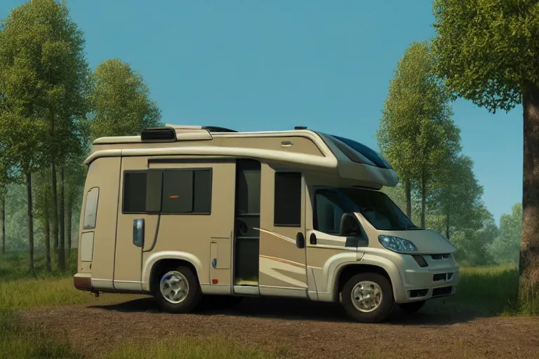 Image similar to a wholesome animation key shot of!! one!! focused! hymer motorhome! in romanian countryside, medium shot, studio ghibli, ( pixar ) and disney animation, sharp, very detailed, high resolution, rendered in unreal engine 5, anime key art by greg rutkowski, bloom, dramatic lighting