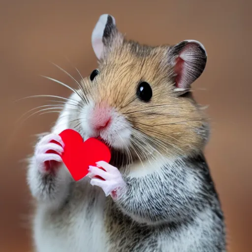 Image similar to detailed photo of a hamster holding a valentine's letter with a red heart on it, various poses, full body, unedited, daylight, dof, sharp focus, 8 k