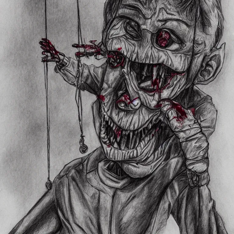 Image similar to a marionette puppet hanging limp with blood running from his eyes, 2 d sketch in pen, highly detailed, horror themed, stark light and shadows