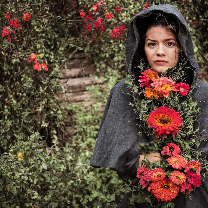 Prompt: a closeup portrait of a woman wearing a hooded cloak made of zinnias and barbed wire, in a derelict house, by Manny Librodo, natural light, detailed face, CANON Eos C300, ƒ1.8, 35mm, 8K, medium-format print