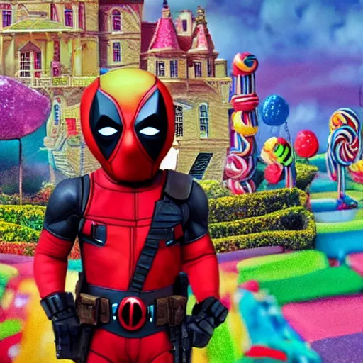 Image similar to deadpool stands in candyland, buildings, 8 k photography, detailed