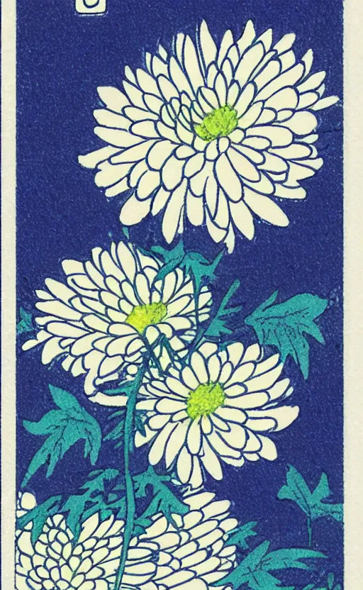 Image similar to by akio watanabe, manga art, a chrysanthemum flower inside a blue and very small sake cup, trading card front