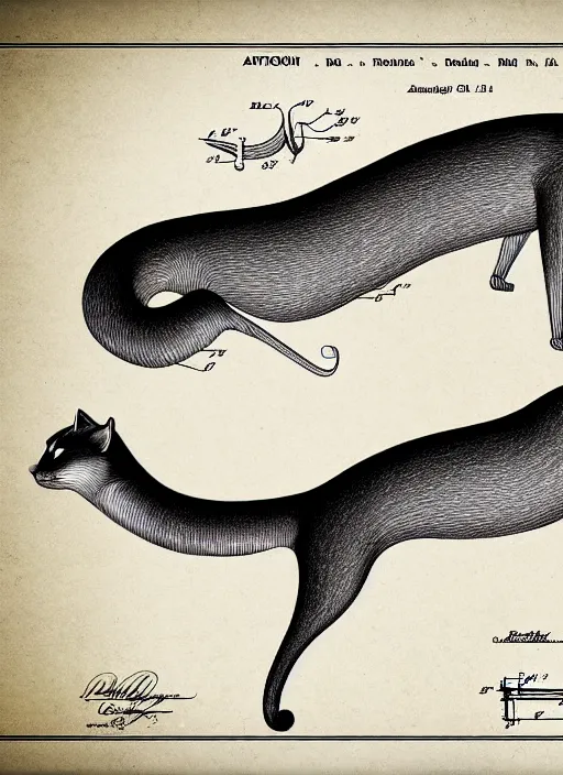 Image similar to an anatomically correct scheme of the long cat, highly detailed, patent illustration, digital illustration, concept art, smooth, sharp focus