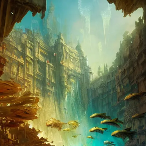 Prompt: a beautiful stunning interesting fantasy digital matte illustration by Grzegorz greg rutkowski and Marc Simonetti and James Jean, of an Atlantis atlantian market with mermaids underwater, yellow and gold color palette, trending on artstation hq