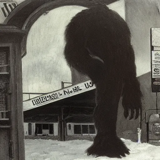 Image similar to a black monster in a gas station, vintage photography of a painting by segantini