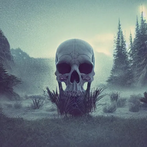 Image similar to Skull head floating in beautiful light landscape in the style of Mingchen Shen , intricate, epic lighting, cinematic composition, hyper realistic, 8k resolution,