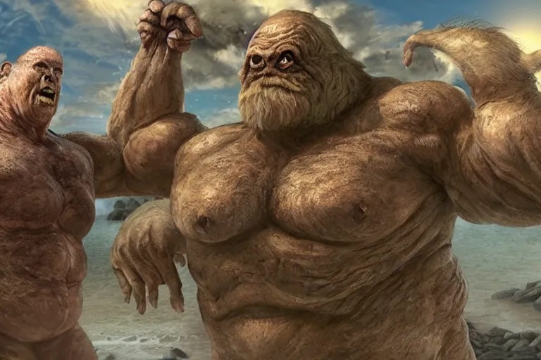 Image similar to photo, friends, man two old hairy fat ugly men! fighting alien monsters 3 5 5 4 7 on a beach, highly detailed, scary, intricate details, volumetric lighting, front view