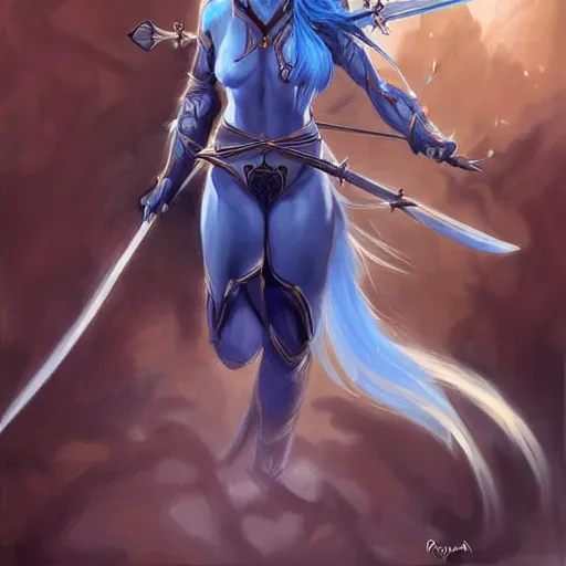 Prompt: a beautiful painting of a dark elf woman with long white hair wearing a blue outfit with a bow and quiver of arrows strapped to her back, piercing blue eyes by Raymond Swanland