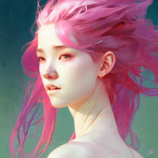 Prompt: Portrait of a eurasian tomboy with pink hair, glowing skin, fantasy, intricate, elegant, highly detailed, digital painting, artstation, concept art, smooth, sharp focus, illustration, art by Krenz Cushart and Artem Demura and alphonse mucha
