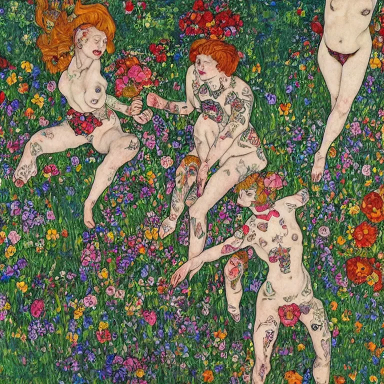 Image similar to a ginger lady with a pixie cut and covered in tattoos dancing by the riverside in a garden full of huge flowers by tivadar csontvary kosztka and egon schiele