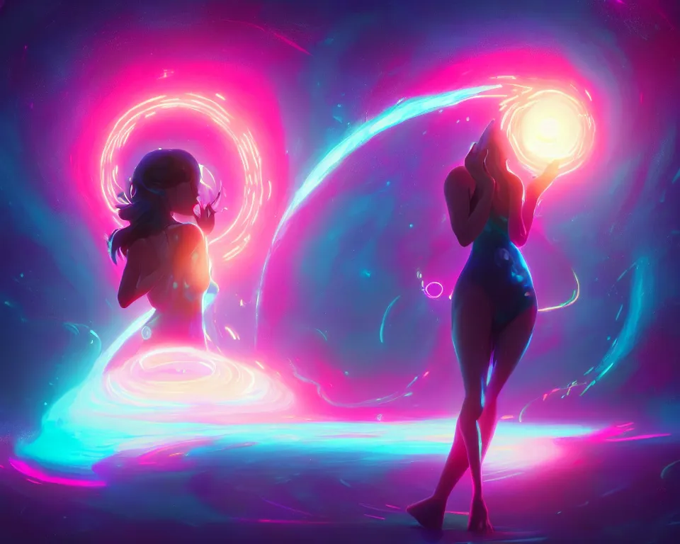 Image similar to a beautiful whimsical woman standing under a multi-colored binary blackhole with an accretion disc, casting magic, glowing trails following her arms, acidwave, by Lois van Baarle, by Greg Rutkowski, by artgerm, by beeple, by studio ghibli, cinematic angle, volumetric lighting, 4k resolution, octane render, trending on artstation, masterpiece