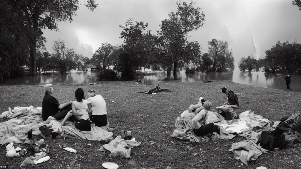 Image similar to climate change catastrophe, lightning, hurricane, hailstorm, gale-force winds, floods, as seen by a couple having picnic in a park, moody and dark large-format photography, wide angle