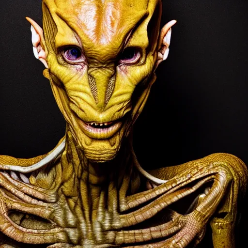 Image similar to portrait shot of a humanoid alien with reptile features, award, winning, sothebys, fine art photography