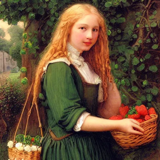 Prompt: A beautiful Blonde Woman with Locks selling strawberries in the style of Sophie Anderson, Portrait