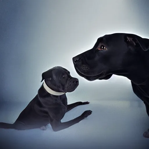 Prompt: a man saying goodbye to his black Staffordshire bull terrier with angel wings, soft lighting, beautiful, heavenly, digital art