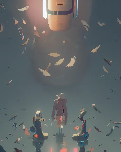 Image similar to a robot surrounded by a flock of birds, cory loftis, james gilleard, atey ghailan, makoto shinkai, goro fujita, character art, exquisite lighting, clear focus, very coherent, plain background, soft painting
