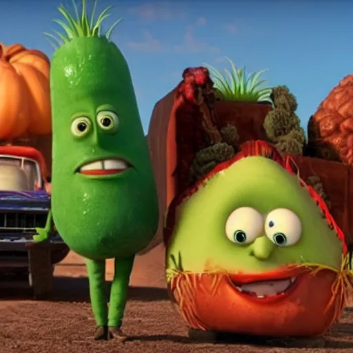 Prompt: veggie tales in mad max, gritty horror, realistic