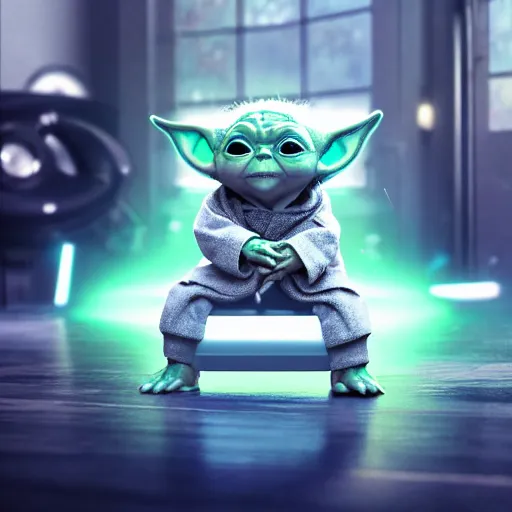 Image similar to full body pose, hyperrealistic photograph of baby yoda as a dj, dim volumetric lighting, 8 k, octane beautifully detailed render, extremely hyper detailed, intricate, epic composition, cinematic lighting, masterpiece, trending on artstation, very very detailed, stunning, hdr, smooth, sharp focus, high resolution, award, winning photo, dslr, 5 0 mm