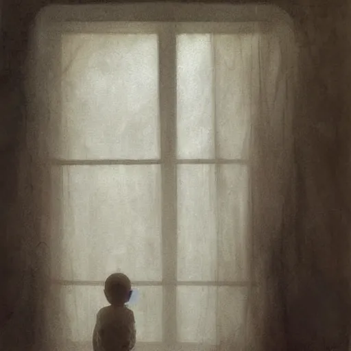 Image similar to Curtain Ghost by Mark Arian, dark, horror, surrealism, horror scene of a child staring outside the window. Screaming for help by Santiago Caruso, Stefan Koidl and Kentaro Miura