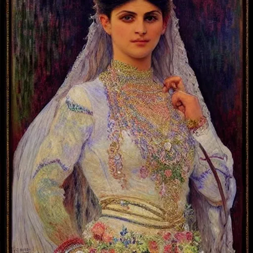 Prompt: full body portrait of a beautiful Kurdish bride wearing beautiful a beautiful wedding dress, very detailed eyes, hyperrealistic, beautiful, very detailed painting by Claude Monet and Alphonse Mucha, trending on artstation, extremely high detail, incredibly intricate