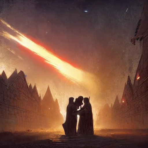 Image similar to digital painting of two medieval knights hugging each other in dispair while the universe is exploding, in a medieval village, stunning, surreal, cinematic lighting, concept art by greg rutkowski and simon stalenhag