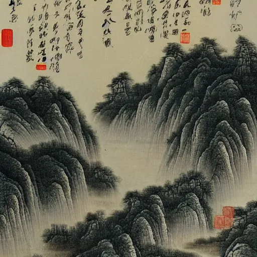 Prompt: beautiful landscapes in the style of Cheng Jiasui (程嘉燧, 1565–1643), Chinese landscape painter and poet