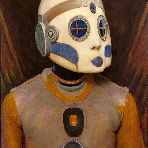 Prompt: the young robot prince with his feathered bird mask, by annie swynnerton and diego rivera and elihu vedder, symbolist, dramatic lighting, elaborate geometric ornament, head and shoulders view, art brut, soft cool colors, smooth, sharp focus, extremely detailed, adolf wolfli, donato giancola